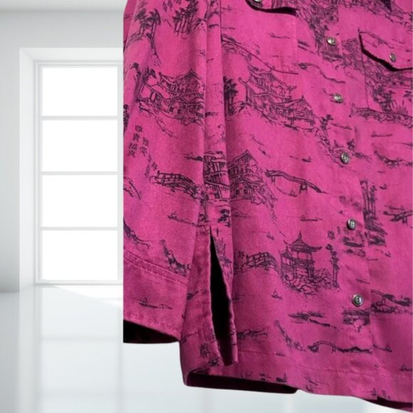 Chico's Large Pink Black Asian Scene Print Tunic Shirt Blouse Long Sleeve Button - Picture 7 of 10